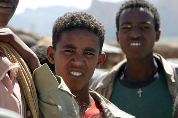 Photograph of Ethiopian boys looking into the lens on the market of Megab 
