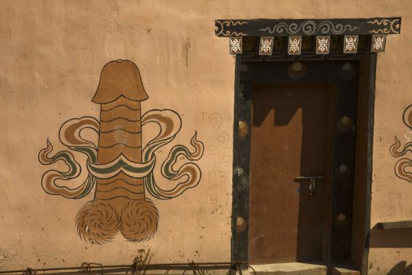 Image of Phallus decorating the wall of a house, Bhutan