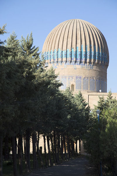 Foto van The dome of the mausoleum of Gowhar Shad towering above the trees of the park - Afghanistan - Azië