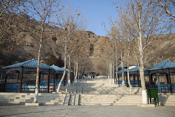 Picture of Entrance to Ashabi Kahf with stairs, trees, and rest areas