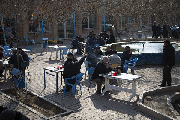 Men sipping at their tea in the central square of Ordubad | Ordubad | Azerbaigian
