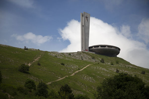 Tower and UFO shaped Buzudzha monument top Buzludzha mountain | Buzludzha monument | Bulgaria