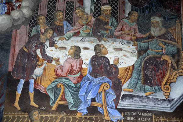 Picture of Rila Monastery (Bulgaria): Detail of the frescoes in the portico of the main church depicting a dinner scene