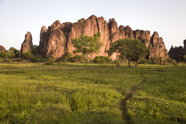Trail in a field at the foot of a rock formation at Sindou | Sindou Peaks | Burkina Faso