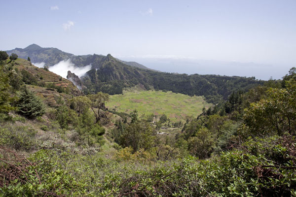 The Cova, an ancient crater, now used for agriculture, with São Vicente in the background | Coculi to Rabo Curto hike | Cabo Verde