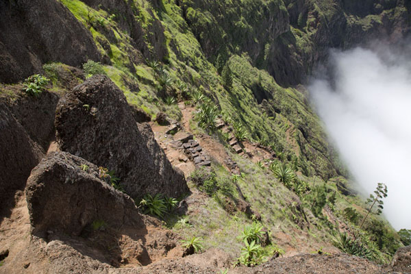 The stone path leading down the steep upper slopes of the Ribeira de Torre | Coculi to Rabo Curto hike | Cabo Verde