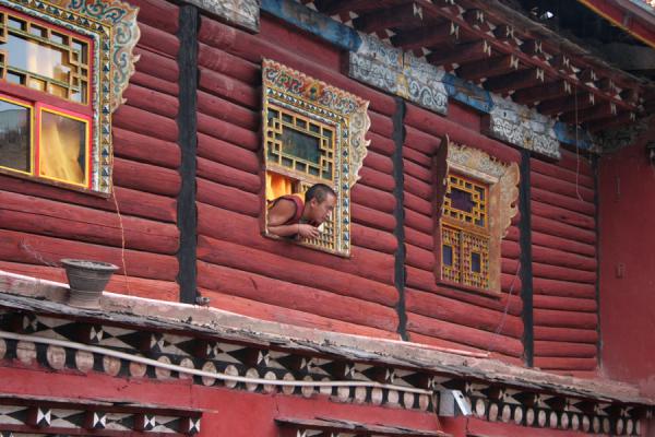 Picture of Tagong monastery (China): Monk peeping out of window at Tagong monastery