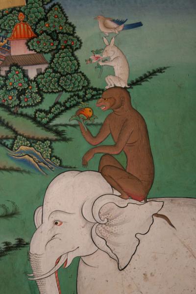 Picture of Tashilhunpo monastery (China): Buddhist symbol of harmony: bird on top of hare on top of monkey, on top of elephant