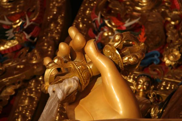 Picture of Trangu monastery (China): Golden hand: detail of statue in assembly hall of Trangu monastery