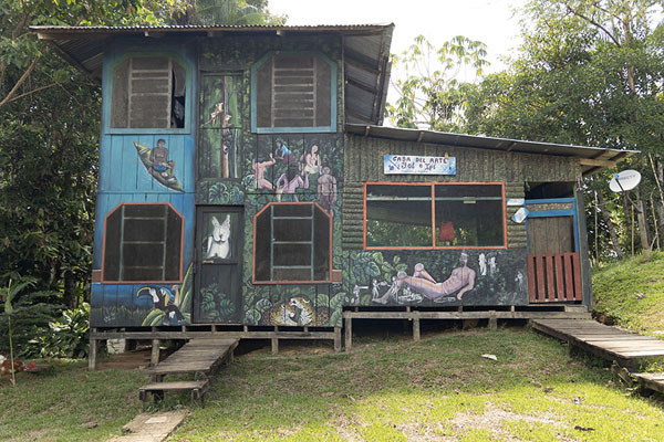 Foto van Colourful house painted by the chief of MocaguaColombian Amazonas - Colombia