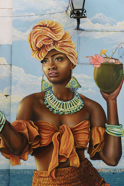 Picture of Elegant lady with coconut cocktail painted on a wall in GetsemaníCartagena - Colombia