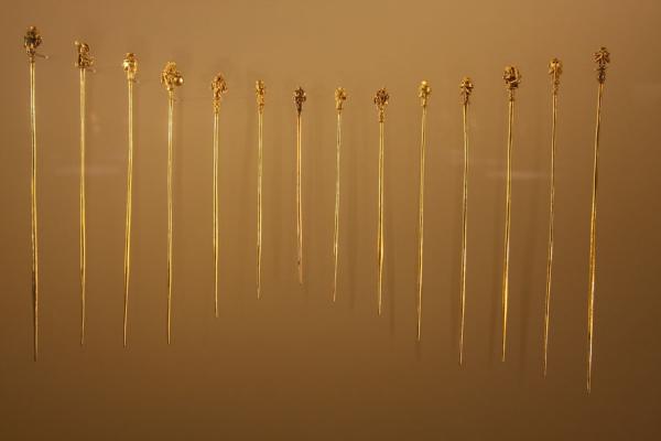 Golden pins on display in the Gold Museum | Museo del Oro | Colombia