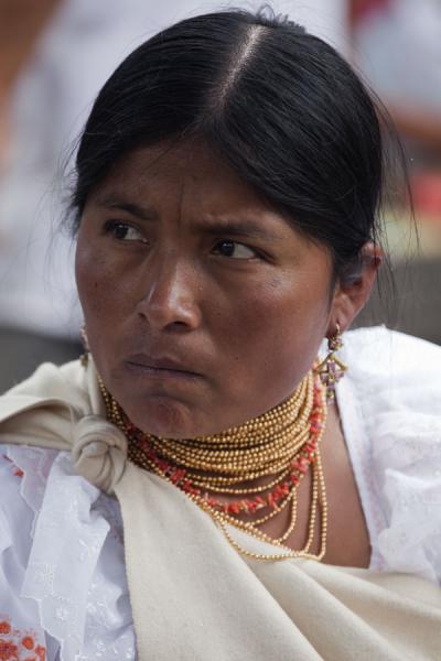 Picture of Otavalo market women (Ecuador): Woman at Otavalo market with serious look