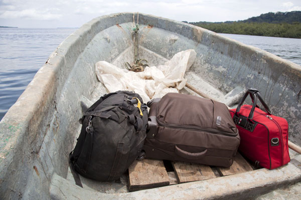 Our bags in the front of the boat taking us across the border | Kogo border crossing | Equatorial Guinea