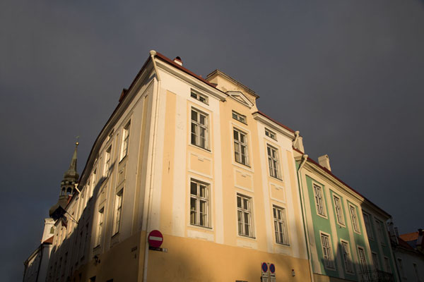 Picture of Brightly painted buildings in the Upper Town with a black sky in the background