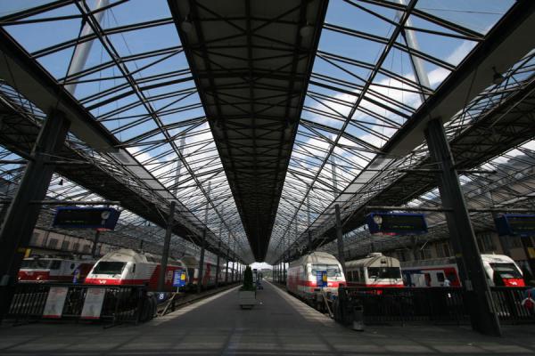 Picture of Helsinki station (Finland): Trains waiting for departure in Helsinki central station