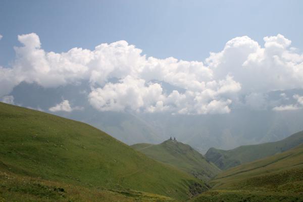 Picture of Kazbegi: landscape with Mtatsminda Zamemba church on a mountain top