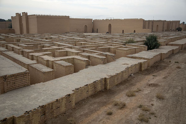 The labyrinthine maze of old Babylon with the reconstructed palace in the background | Babylon | Irak