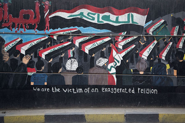 We are the victim of an exaggerated religion: mural in the Al-Saadoun underpass | Tahrir Square Tunnel Murals | Iraq