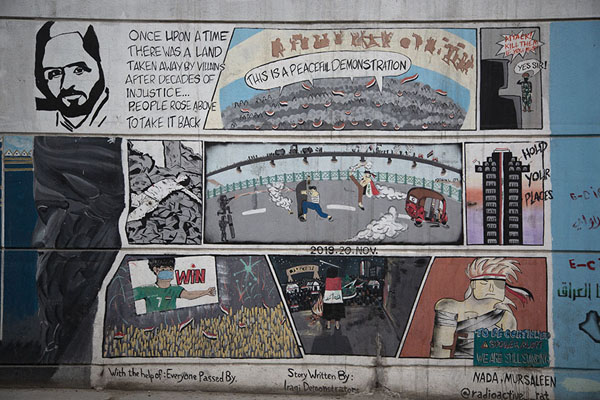 Cartoon mural depicting the demonstrations against the government | Tahrir Square Tunnel Murals | Iraq