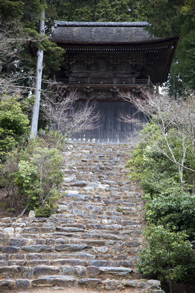 Stone stairs leading to a wooden bell tower on the slopes of Jingo-ji | Jingo-ji temple | Japan