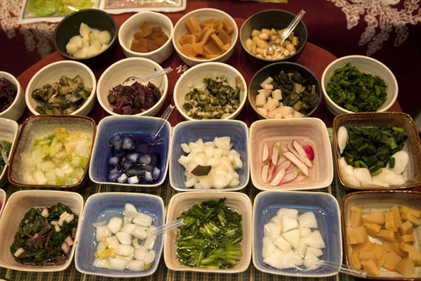 Picture of Bowls with pickled vegetables on display at the market - Japan - Asia