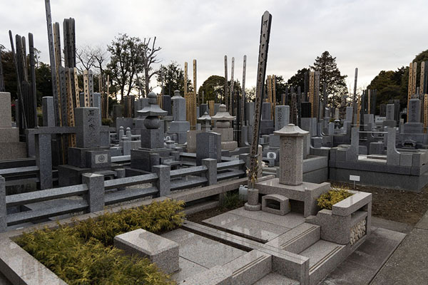 Foto di Section of Yanaka Cemetery with rows of tombs and wooden sticksTokio - Giappone