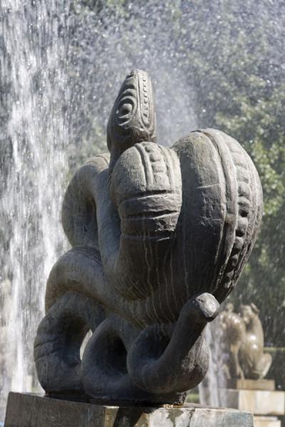 Picture of Zodiac Fountain (Kazakhstan): Rear view of sculpture of snake with the fountain in the background