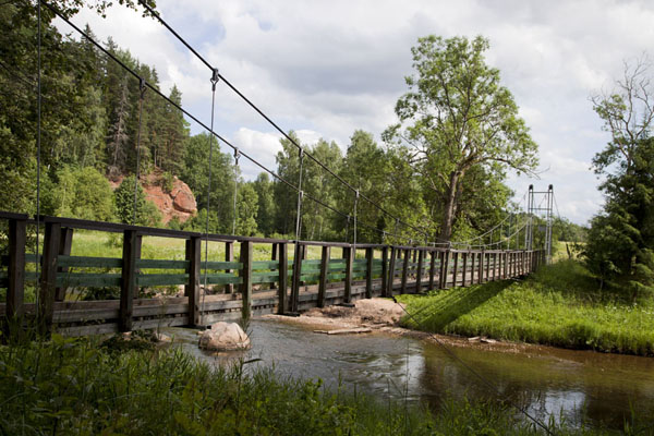 Foto van Hikers and cyclists can cross this suspension bridge over Amata river near Zvārtes Iezis - Letland - Europa