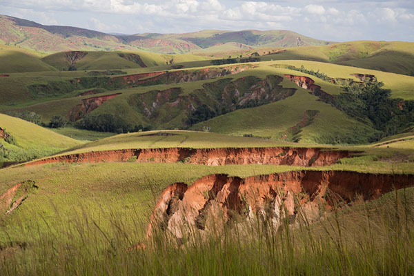 Foto van Landscape of green hills and red earth at erosion spots - Madagaskar - Afrika