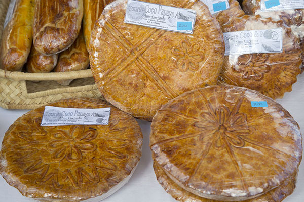 Picture of Cakes with tropical fruits for sale at the market of Port MathurinPort Mathurin - Mauritius