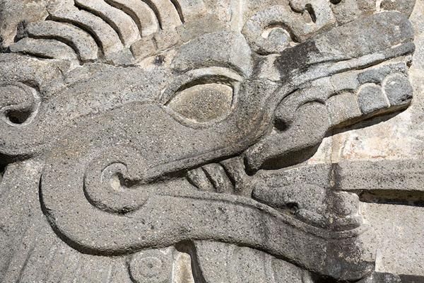 Close-up of the head of a feathered serpent on the outer wall of its temple | Xochicalco | Mexico
