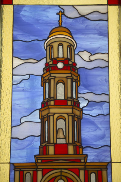 Picture of Stained glass representation of the bell tower of Kitskany Monastery