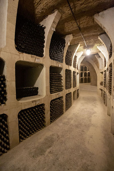 Gallery with compartments full of wine in Mileștii Mici | Caves à vin de Mileștii Mici  | Moldavie