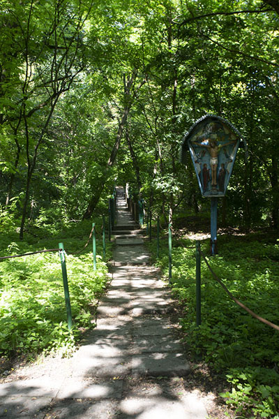 Picture of Path with a wooden panel depicting Jesus in the valley behind Saharna MonasterySaharna - Moldova