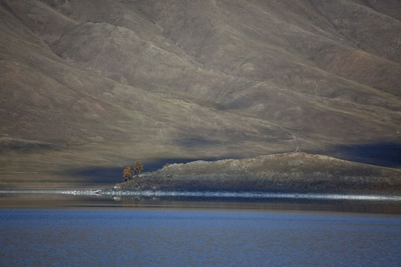 Foto van Looking across Zuum Nuur with peninsula and tree - Mongolië - Azië