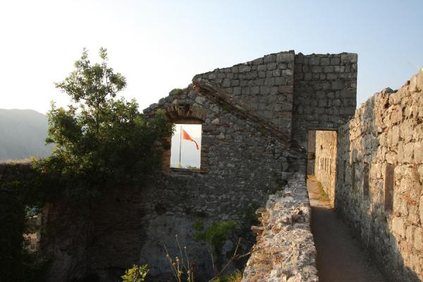 Picture of Montenegrin flag and remains of the fortress at the top