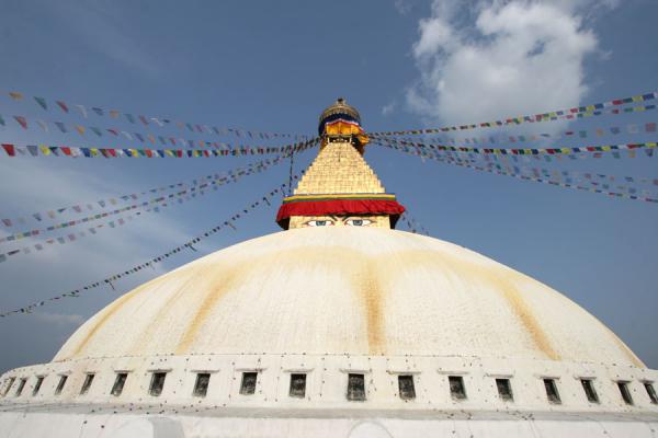 Foto di Nepal (Boudha stupa: stupa, prayer flags and golden tower)