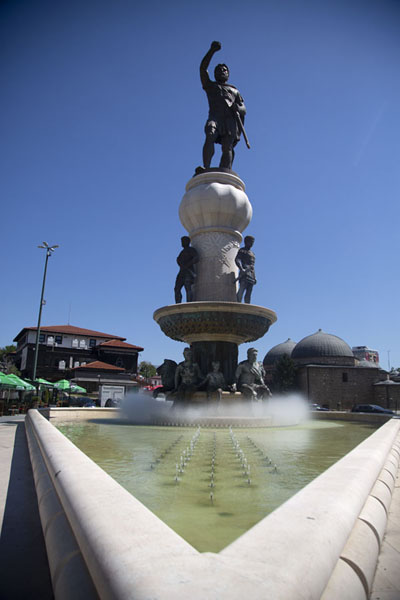 Picture of King Philip II towering high above a fountain on the north bank of the Vardar river - North Macedonia