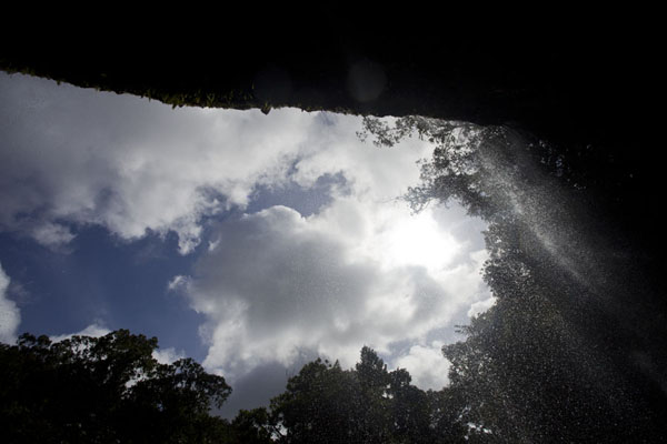 Looking up Ngardmau waterfall from behind the curtain of water | Ngardmau waterfall | Palau
