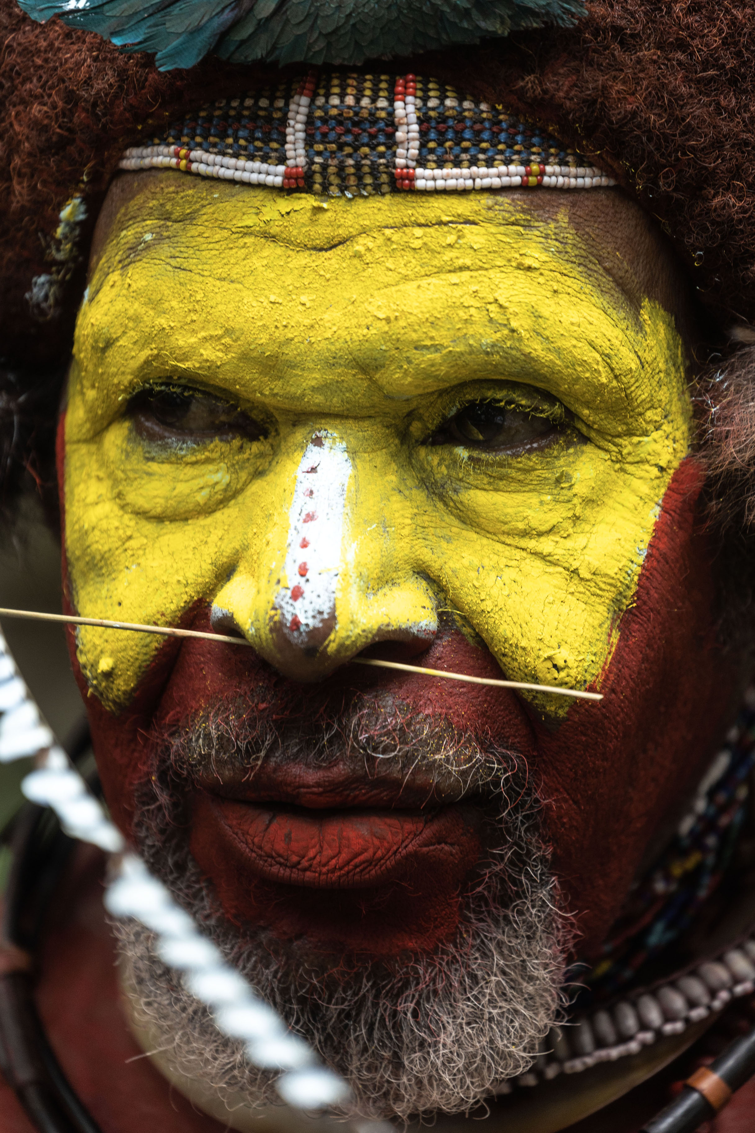 Foto van Close-up of a Huli Wigman with painted faceTari - Papoea Nieuw Guinea