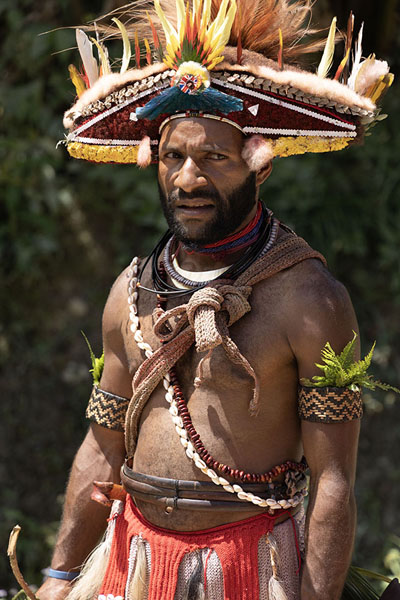Foto van One of the Huli Wigmen without facial painting but still richly decoratedTari - Papoea Nieuw Guinea