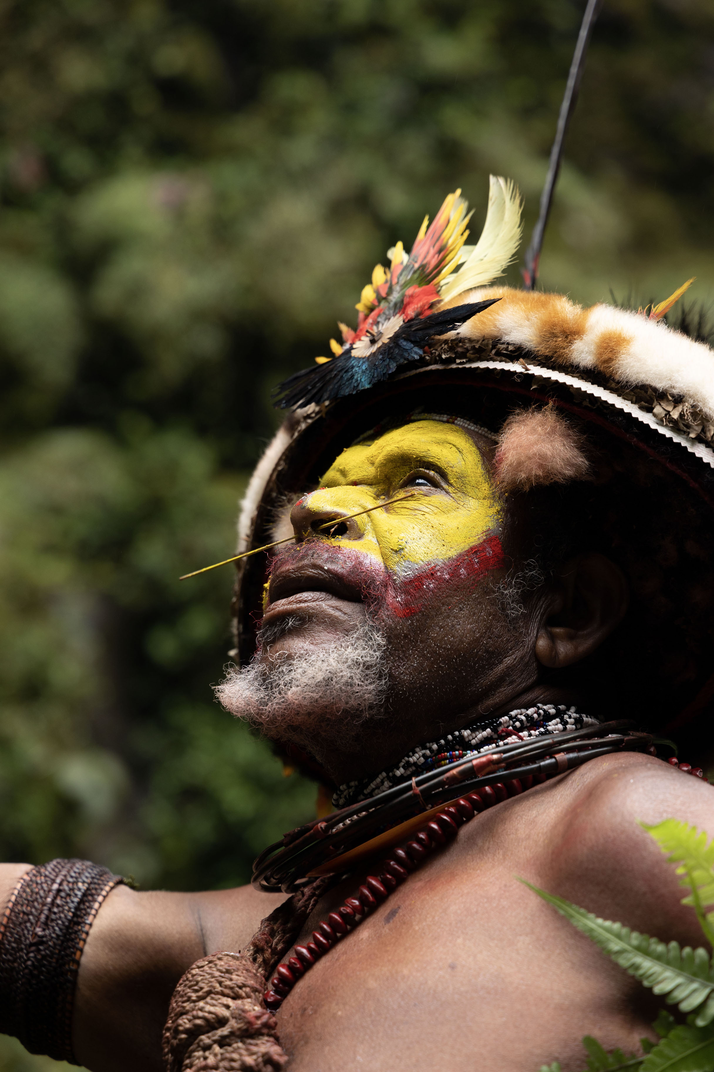 Foto de One of the Huli Wigmen looking up with his decorated face - Papúa Nueva Guinea - Oceania