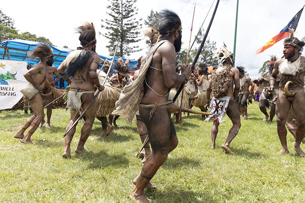 Men running and dancing, showing off their koteka at the Mount Hagen Festival | Mount Hagen Festival | Papoea Nieuw Guinea