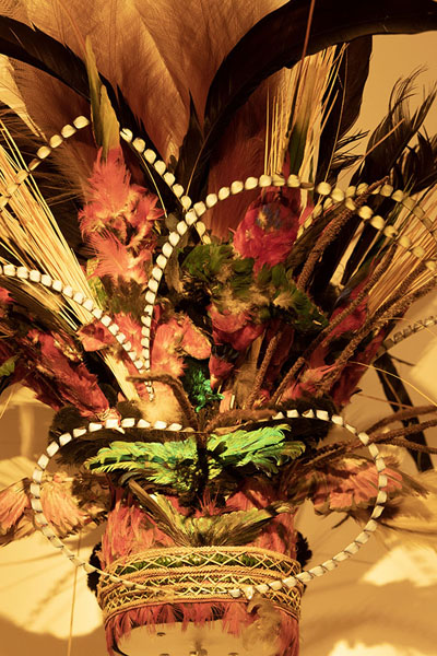 Headdress with colourful bird plumes in the museum | National Museum | Papua Nuova Guinea