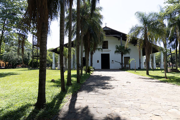 Lane with palm trees leading to the entrance of the Buenaventura church | Templo de Buenaventura | Paraguay