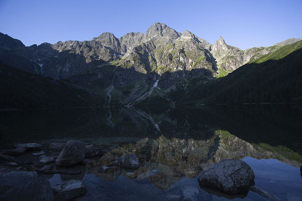 Early morning reflection of the mountain range in Morskie Oko | Mount Rysy | Poland