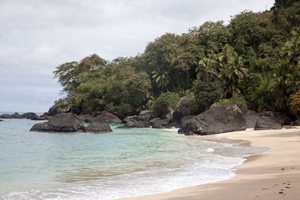 Picture of Belo Monte hike (São Tomé and Príncipe): Idyllic Banana beach with white sand and black volcanic rocks