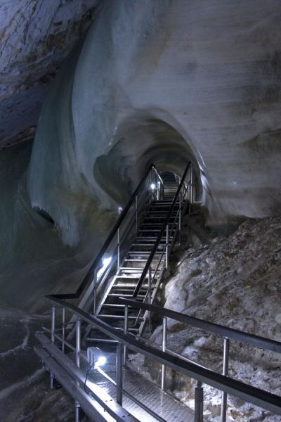 Picture of Dobšinska Ice Cave (Slovakia): Ice tunnel and stairs deep down in Dobšinska Ice Cave