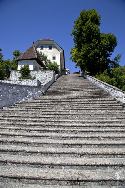Looking up the South Staircase leading to the church on Bled Island | Lac de Bled | Slovénie